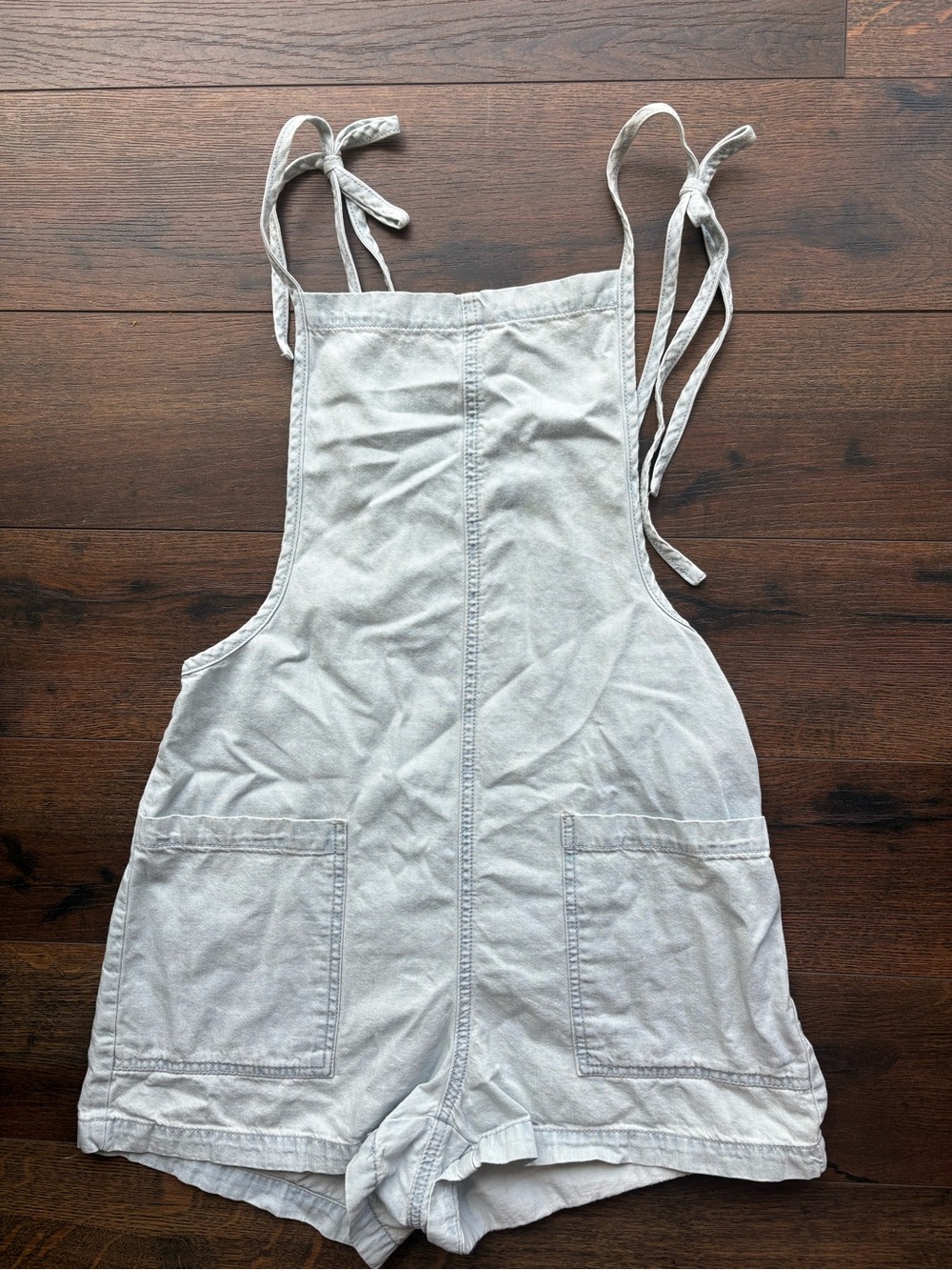 Vanilla Star Light Gray Tie-Shoulder Denim Romper
